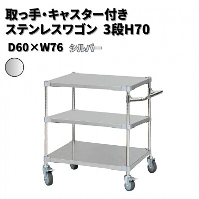取っ手・キャスター付きステンレスワゴン3段H70 60×76 シルバー 【385S003】