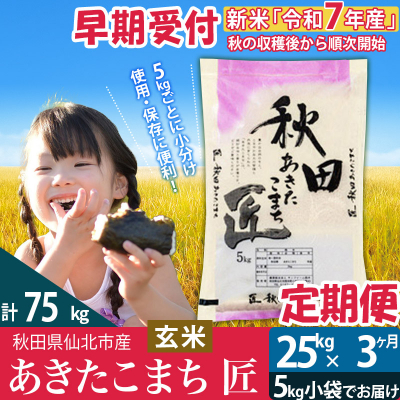【玄米】令和7年産 新米 早期受付《定期便3ヶ月》あきたこまち25kg|02_snk-020903s