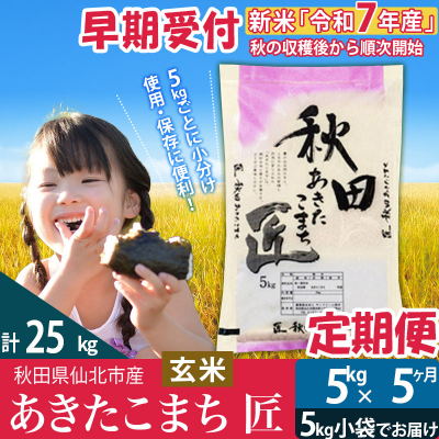 【玄米】令和7年産 新米 早期受付《定期便5ヶ月》あきたこまち5kg|02_snk-020305s