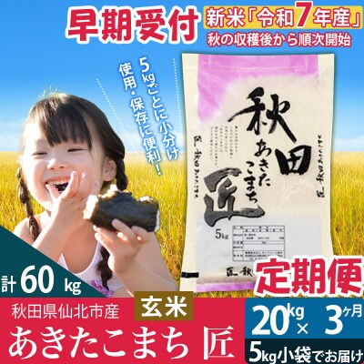 【玄米】令和7年産 新米 早期受付《定期便3ヶ月》あきたこまち20kg|02_snk-020803s