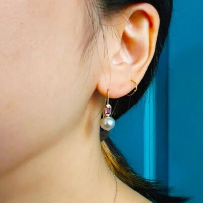 kerama pearl × pink sapphire hook earring/K18 (両耳)