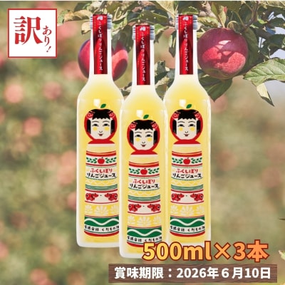  数量限定 訳あり ふくしぼりジュース(りんご)500ml×3本 果汁100%No.3331