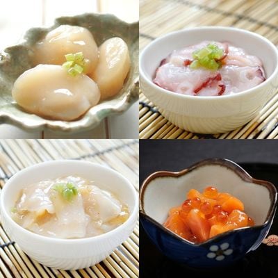 北海道知床産　鮭いくら親子漬とわさび漬3種〈ほたて・つぶ・たこ〉　100g×4種(計400g)