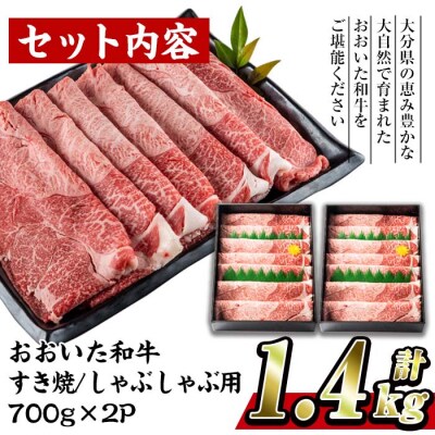 おおいた 和牛 すき焼き しゃぶしゃぶ用 百年の恵み (計1.4kg・ウデ肉700g×2P) 