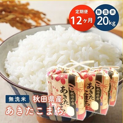 【毎月定期便】秋田県産あきたこまち 無洗米 20kg 全12回
