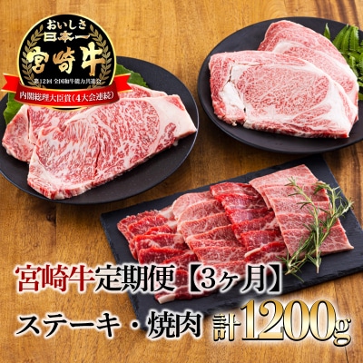 宮崎牛定期便[3ヶ月]ステーキ・焼肉 合計1200g　mi-684