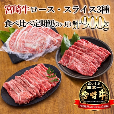 宮崎牛ロース・スライス3種食べ比べ定期便[3ヶ月] 合計900g　mi-688