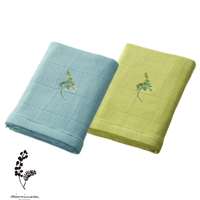 刺繍高吸水ガーゼバスタオル2枚セット(四重織シャリ感ガーゼ)和泉木綿　ミモザの花の刺繍入り