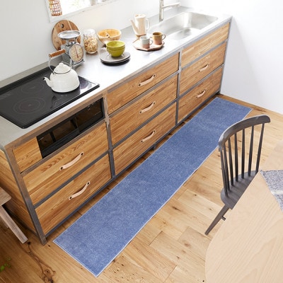 【45×60cm】洗え 吸水性もある キッチンマット (ソリッディー) カラー:ブルー