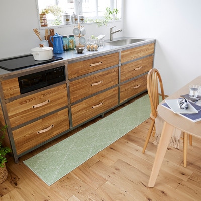 【45×240cm】洗える おしゃれなキッチンマット ラグ(ポント) グリーン