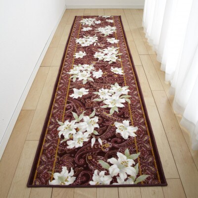日本製 廊下カーペット 65cm×340cm 【ユリ柄】滑り止め加工(エンジ)