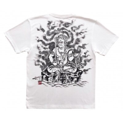 手描きTシャツ 仏画 不動明王 白 綿生地 (半袖 Sサイズ)