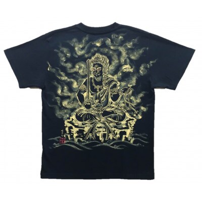 手描きTシャツ 仏画 不動明王 黒 (半袖 Sサイズ)