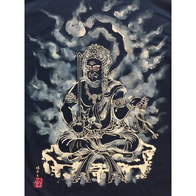 手描きTシャツ 仏画 不動明王 黒 (半袖 XLサイズ)