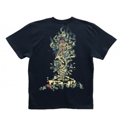手描きTシャツ 仏画 倶利伽羅不動 黒 (半袖 Sサイズ)
