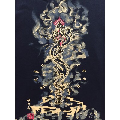手描きTシャツ 仏画 倶利伽羅不動 黒 (半袖 Sサイズ)