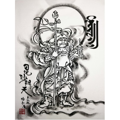 手描きTシャツ 仏画 毘沙門天 白 (半袖 Lサイズ)