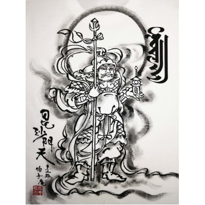 手描きTシャツ 仏画 毘沙門天 白 (半袖 XLサイズ)