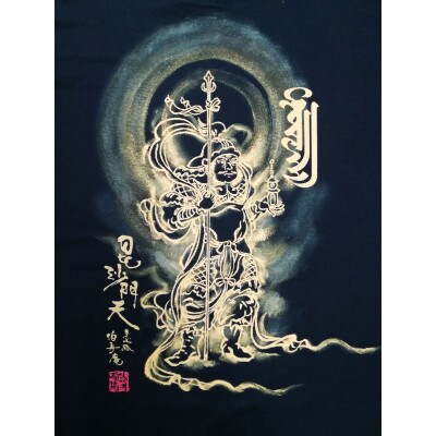 手描きTシャツ 仏画 毘沙門天 黒 (半袖 XLサイズ)