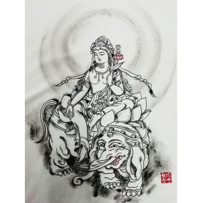 手描きTシャツ 仏画 普賢菩薩 白 (半袖 Mサイズ)