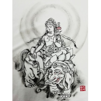 手描きTシャツ 仏画 普賢菩薩 白 (半袖 Lサイズ)