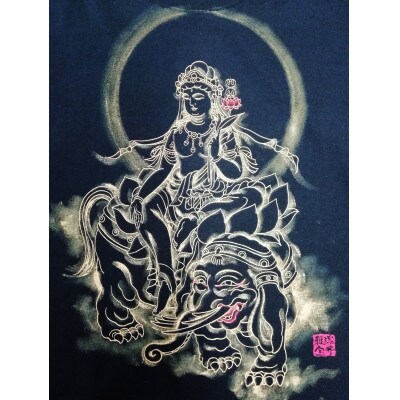 手描きTシャツ 仏画 普賢菩薩 黒 (半袖 XLサイズ)