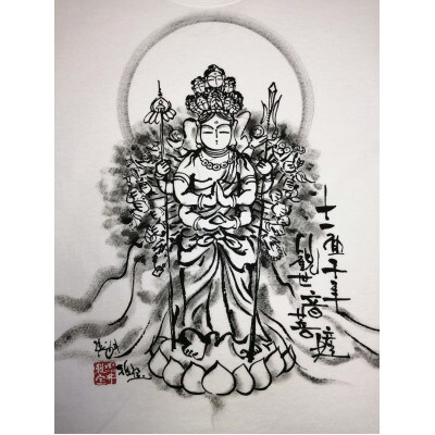 手描きTシャツ 仏画 十一面千手観音 白 (半袖 Mサイズ)
