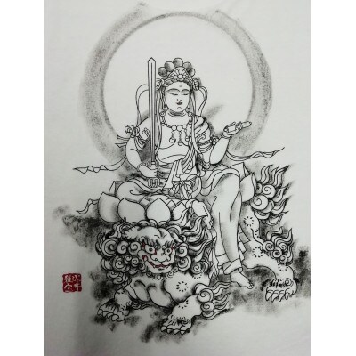 手描きTシャツ 仏画 文殊菩薩 白 (半袖 Sサイズ)