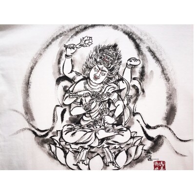 手描きTシャツ 仏画 愛染明王 白 (半袖 Sサイズ)