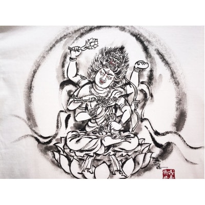 手描きTシャツ 仏画 愛染明王 白 (半袖 XLサイズ)