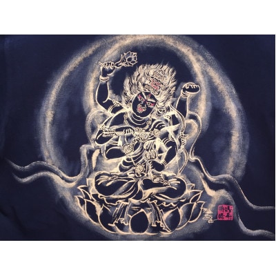 手描きTシャツ 仏画 愛染明王 黒 (半袖 Mサイズ)