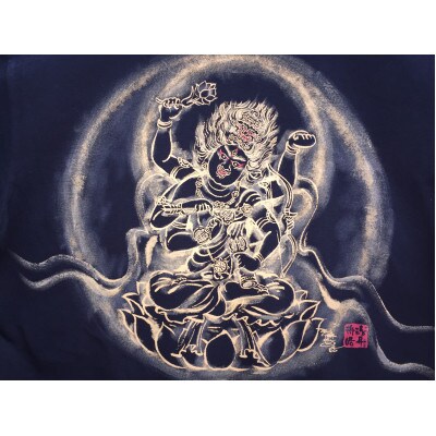 手描きTシャツ 仏画 愛染明王 黒 (半袖 XLサイズ)