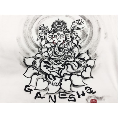 手描きTシャツ 仏画 ガネーシャ 白 (半袖 Sサイズ)