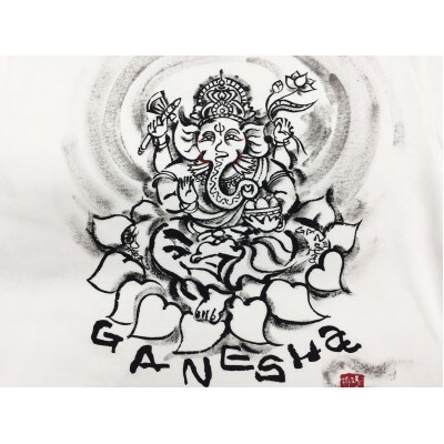 手描きTシャツ 仏画 ガネーシャ 白 (半袖 Mサイズ)