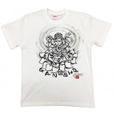 手描きTシャツ 仏画 ガネーシャ 白 (半袖 XLサイズ)