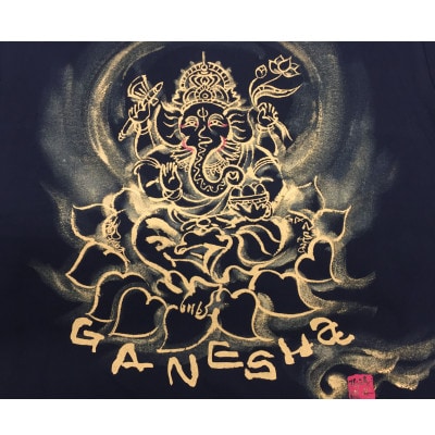 手描きTシャツ 仏画 ガネーシャ 黒 (半袖 Sサイズ)