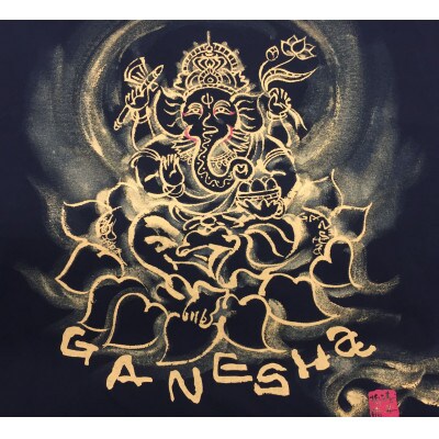 手描きTシャツ 仏画 ガネーシャ 黒 (半袖 Mサイズ)