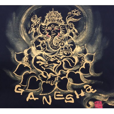 手描きTシャツ 仏画 ガネーシャ 黒 (半袖 Lサイズ)