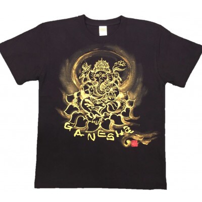 手描きTシャツ 仏画 ガネーシャ 黒 (半袖 XLサイズ)