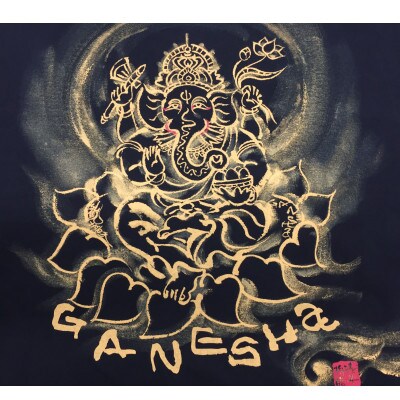 手描きTシャツ 仏画 ガネーシャ 黒 (半袖 XLサイズ)
