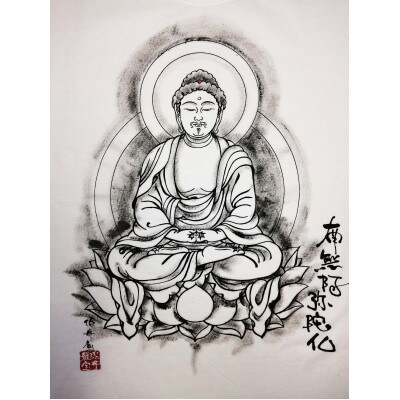 手描きTシャツ 仏画 阿弥陀如来 白 (半袖 XLサイズ)
