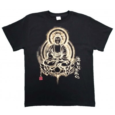 手描きTシャツ 仏画 阿弥陀如来 黒 (半袖 Sサイズ)