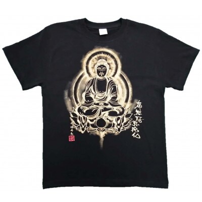 手描きTシャツ 仏画 阿弥陀如来 黒 (半袖 Mサイズ)
