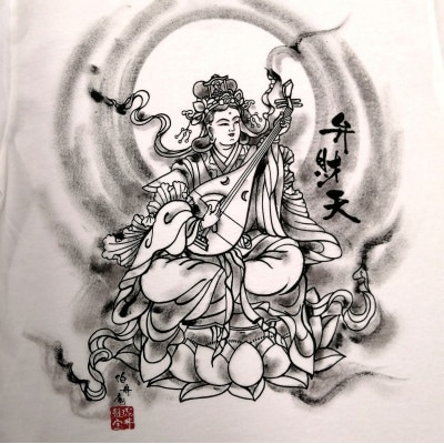 手描きTシャツ 仏画 弁財天 白 (半袖 XLサイズ)