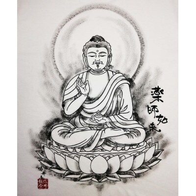 手描きTシャツ 仏画 薬師如来 白 (半袖 Sサイズ)
