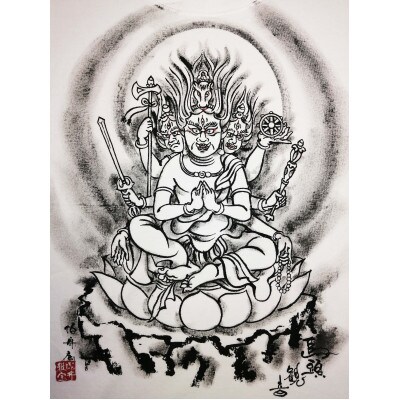 手描きTシャツ 仏画 馬頭観音 白 (半袖 Mサイズ)
