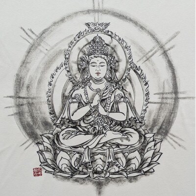 手描きTシャツ 仏画 大日如来 金剛界 白 (半袖 Sサイズ)