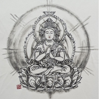 手描きTシャツ 仏画 大日如来 金剛界 白 (半袖 Mサイズ)