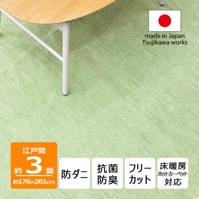 防ダニ カーペット 3畳 日本製 抗菌防臭 ノースポール 江戸間 176×261cm グリーン