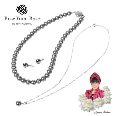 【RoseYumiRose】8mmパール3点セット(ネックレス/ペンダント/ピアス)グレー